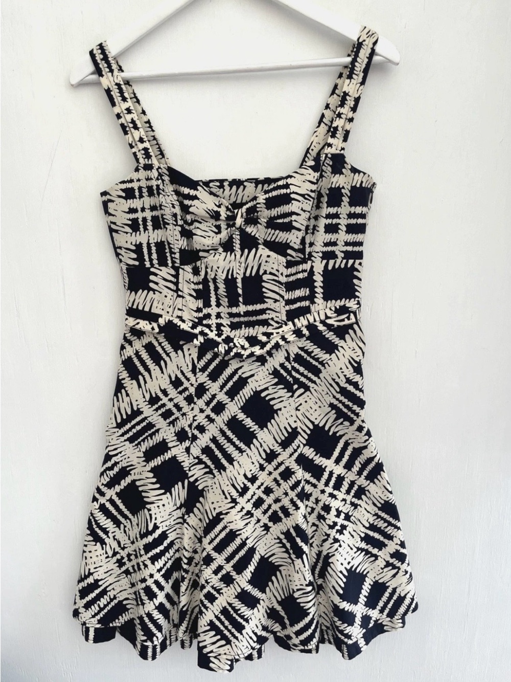 KAREN MILLEN Navy Blue Cream Abstract Print Dress Layered Skirt Size UK 12 US 8
